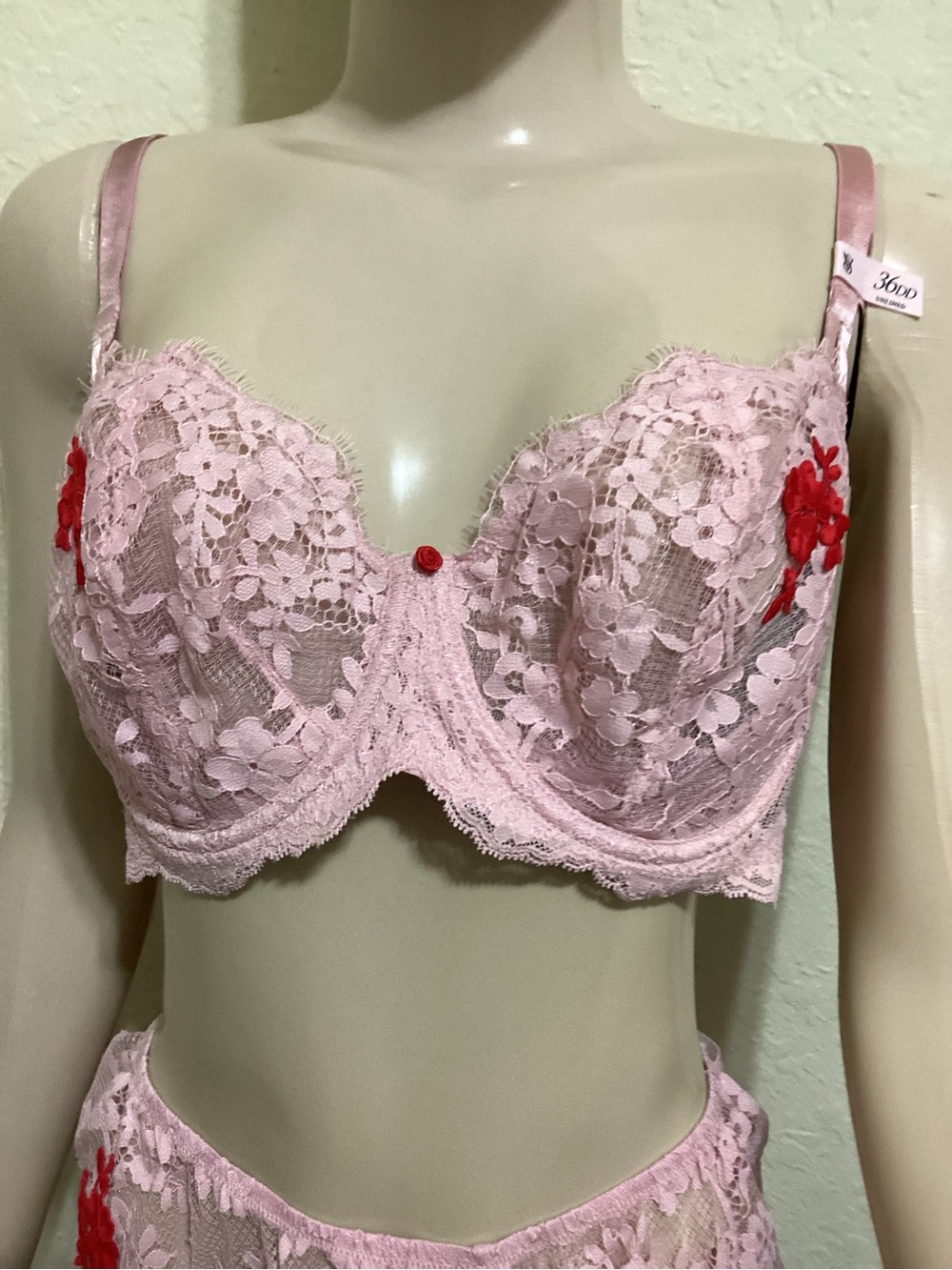 Victoria's Secret Pink Lace Underwire Bra with Red Floral Applique